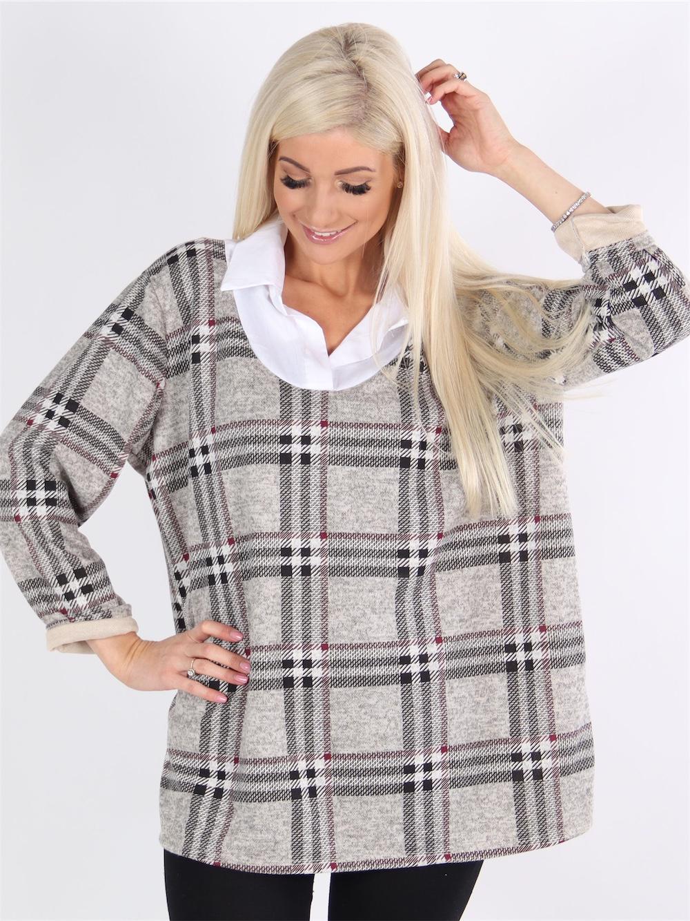 Kinza - Beigefarvet ternet bluse med hvid skjortekrave